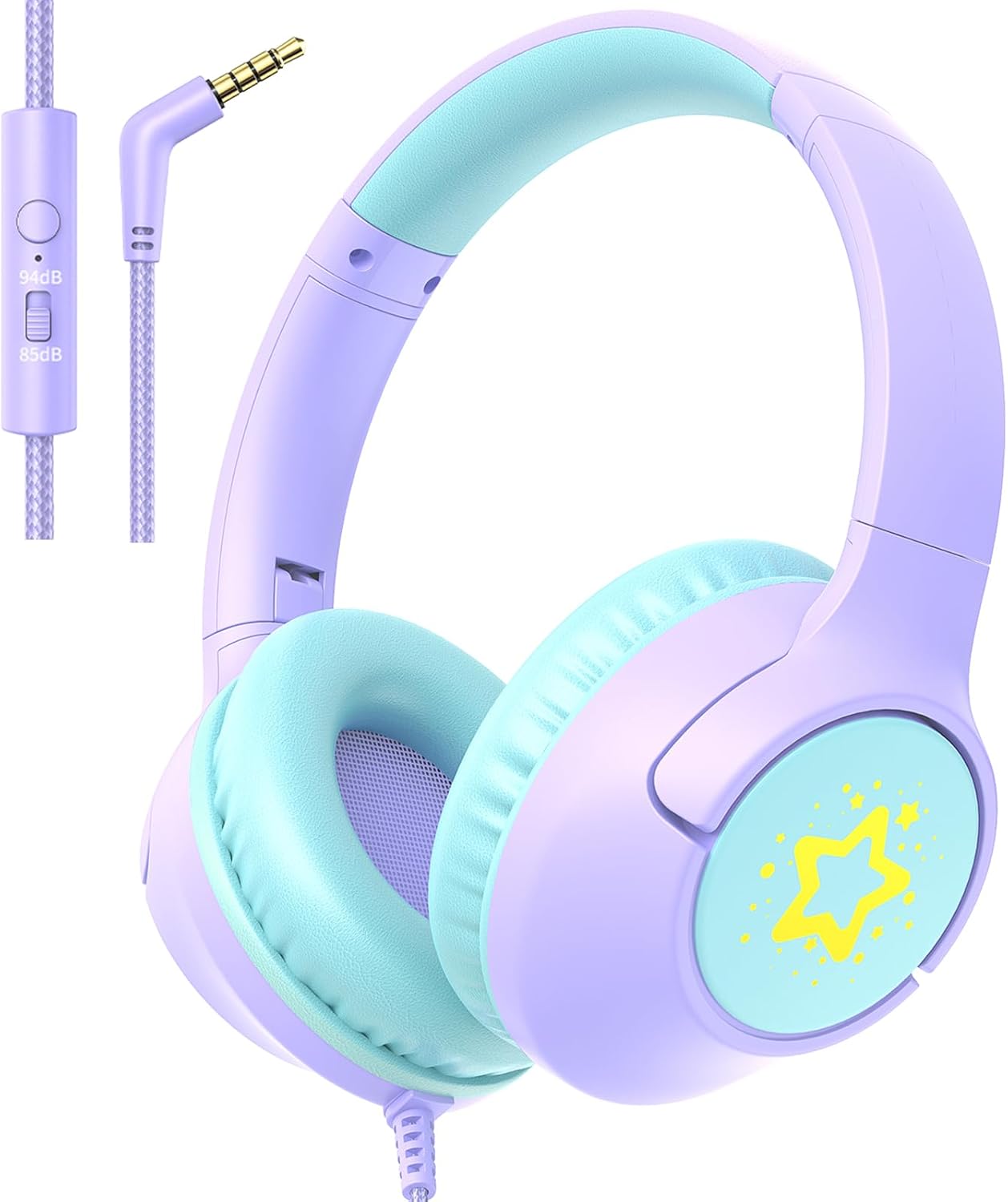 Kids Wired Headphones for School, 85/94 dB Volume Limit, Wired Over Ear Headphones for Girls Kids with Microphone, Foldable Stereo Sound 3.5mm Wire Cord for Kindle Tablet Airplane Travel, Purple