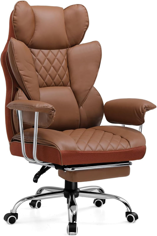 COMHOMA Big and Tall Office Chair, High Back Leather Gaming Chair with Footrest, Executive Ergonomic Office Chairs with Pocket Spring Lumbar Support and with Outward Fixed Soft Armrests