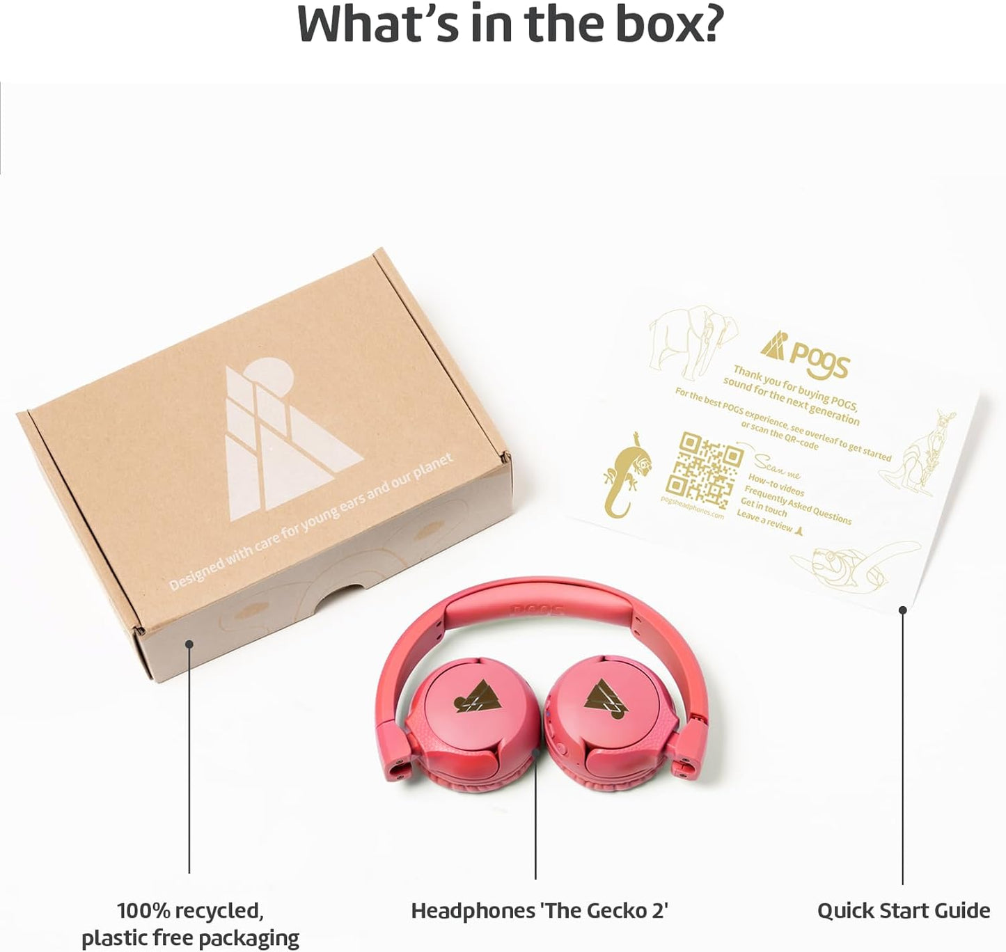 POGS Kids Bluetooth Wireless Headphones | The Gecko 2 | Foldable, Durable Headphones for Kids 3+ | Volume Limited 85 dB, Microphone | On-Ear | Wireless Music-Sharing Function (rPink)