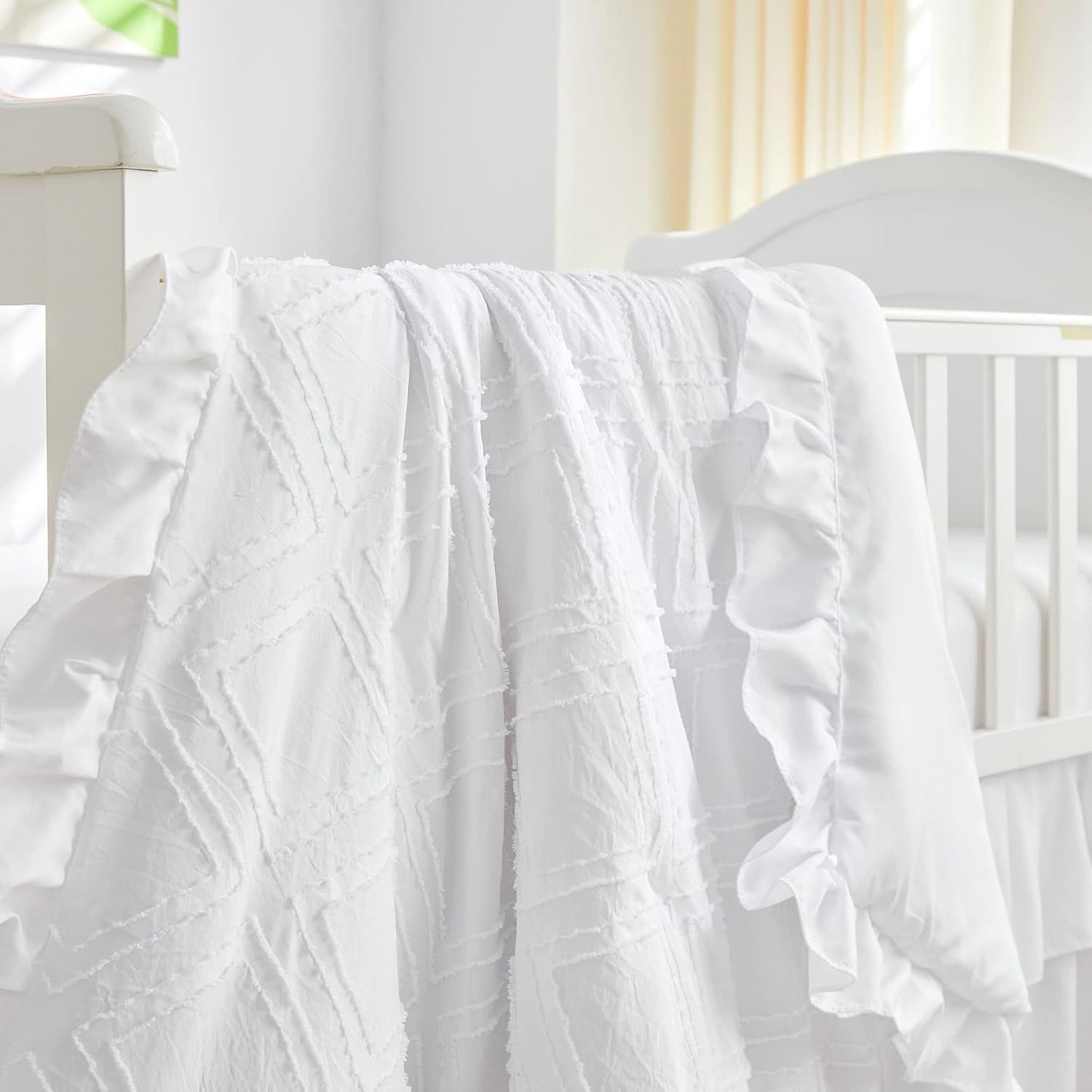 Tufted Ruffle Crib Bedding Set 3 Pieces Baby Boho Quilted Comforter with Fitted Sheet and Bed Skirt - Cute Ruffled Shabby Chic Baby Bedding Soft Blanket Design White