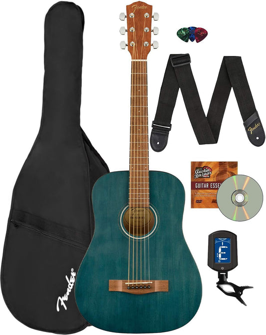 Fender FA-15 3/4-Scale Kids Steel String Acoustic Guitar - Blue Learn-to-Play Bundle with Gig Bag, Strap, Picks, Fender Play Online Lessons, and Austin Bazaar Instructional DVD