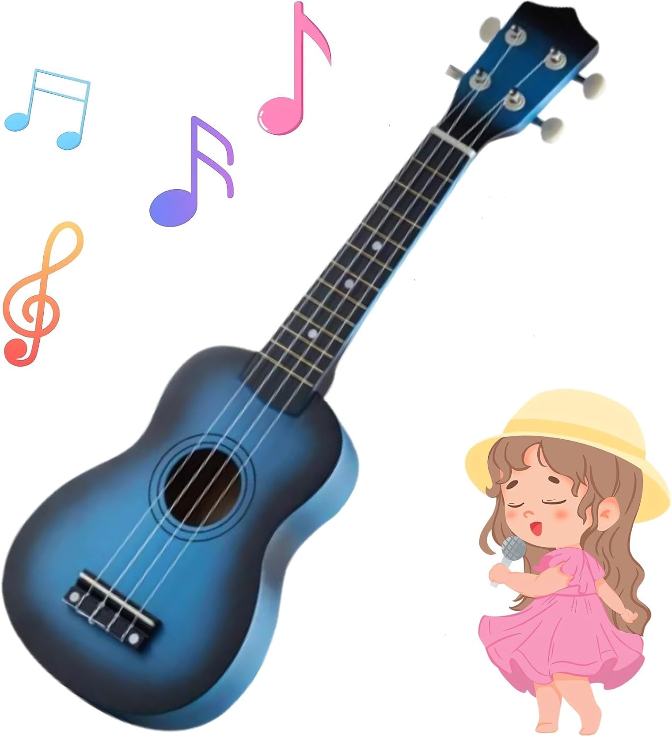 Kids Child Children Wooden Acoustic Guitar Ukulele 21 Inch 4 String Musical Instruments Perfect For Beginner (Blue)