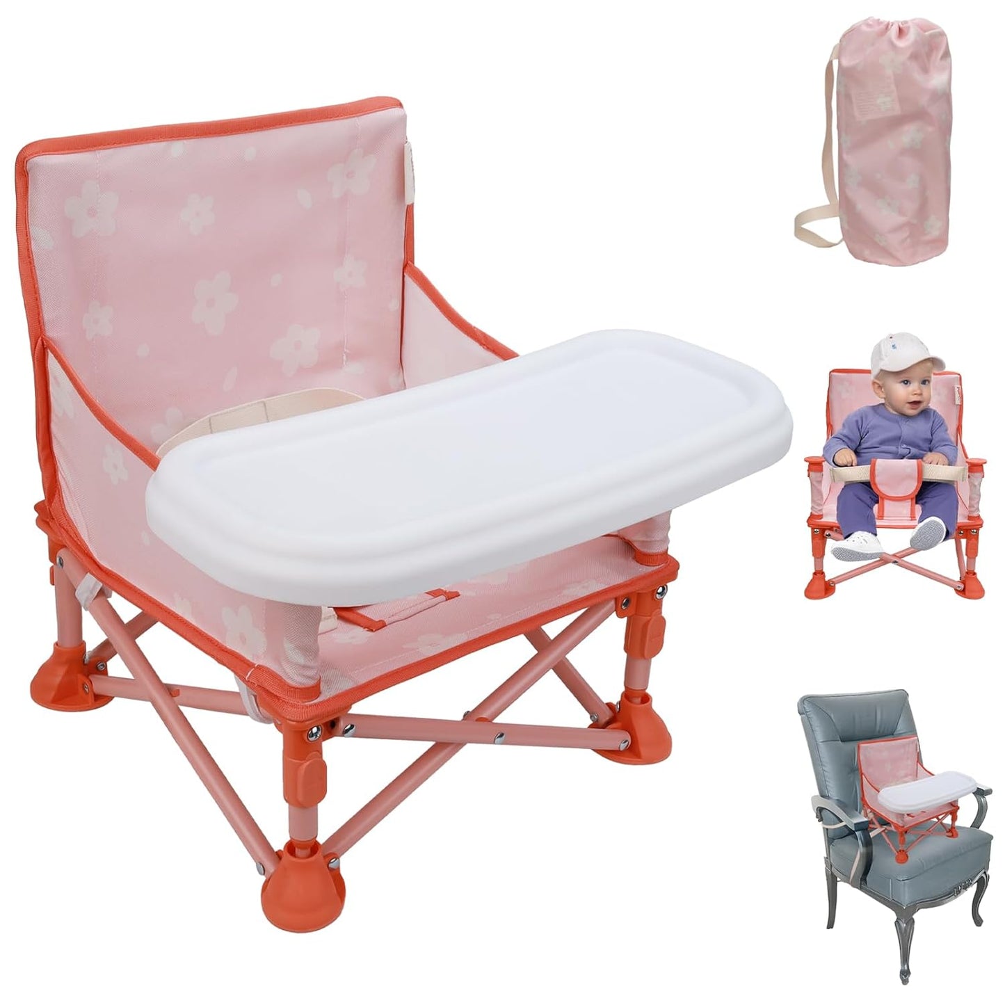 Tiny Marvels Portable 3-in-1 Baby Booster Seat, Cozy Floor Seat, Feeding Seat with Tray, Compact Foldable Toddler Booster with Child Safety Belt Carry Bag, Perfect for Travel (Blush Petals)