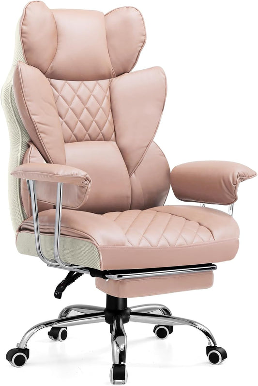 COMHOMA Big and Tall Office Chair, High Back Leather Gaming Chair with Footrest, Executive Ergonomic Office Chairs with Pocket Spring Lumbar Support and with Outward Fixed Soft Armrests