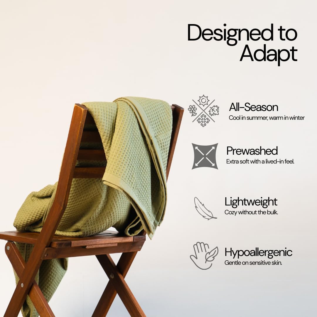 Salt Earth GOTS Certified 100% Organic Cotton Throw Blanket, 90" X 90" Blankets & Throws for Bed, Throw Blanket for Couch,Modern & Cozy Blanket, All Seasons, Waffle Blanket, Soft Blanket (Mosstone)