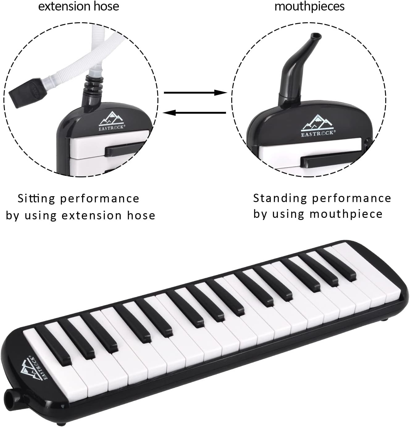 EASTROCK 32 Key Melodica Instrument Air Piano Keyboard Soprano Melodica with 2 Mouthpieces Tube Sets Carrying Bag for Beginners Adults Gift Black