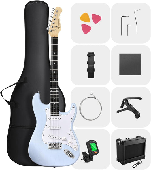 DONNER DST-80 Electric Guitar 39” Beginner Electric Guitar Kit with Amp, Classic SSS Pickup Complete with Gig Bag, Tuner, Capo, Strap, Picks, and Free Online Lessons