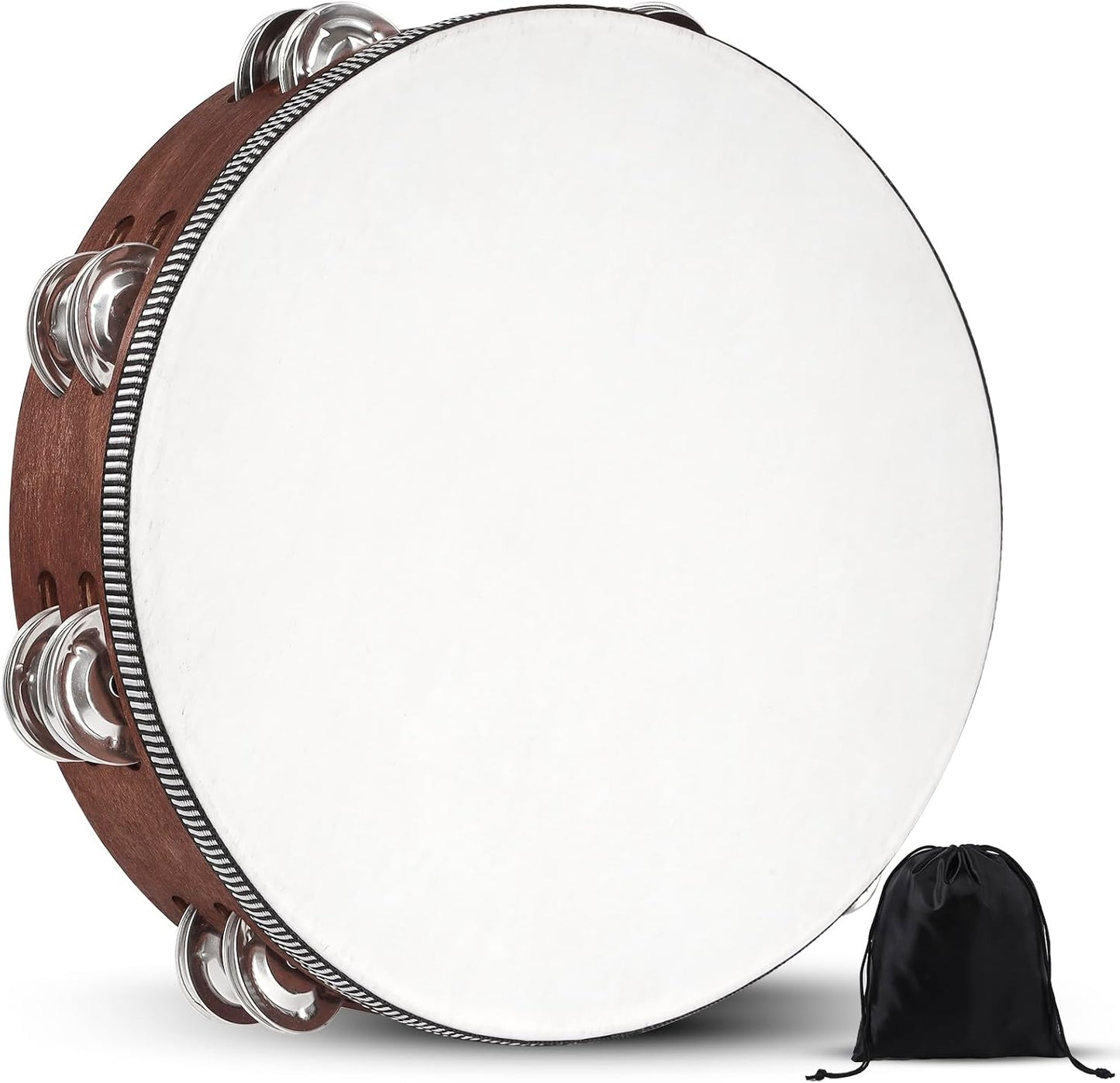 Wooden Hand Held Percussion Tambourine with Storage Bag -10 Inches, Ideal for Church, Wedding, Party, Dance, Photo Shoot