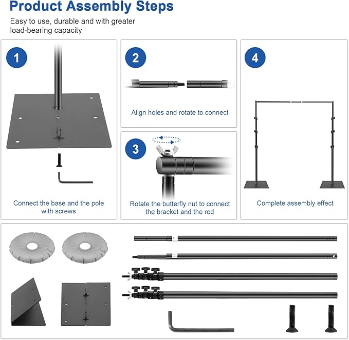Jiang&Rong Backdrop Stand Kit - 10ft x 8.5ft Adjustable Photo Background Stand Support Poles with Heavy Duty Flat Base, Photo Metal Steel Pipe and Drape Frame Kit for Parties Birthday Wedding - Black
