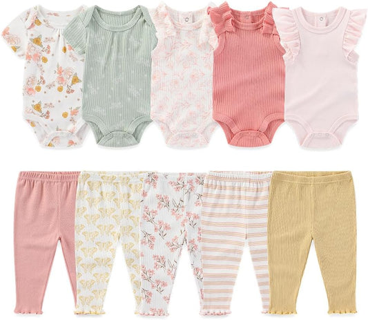 Kiddiezoom Newborn Baby Layette Set 10-Piece with Bodysuits and Pants Set for Unisex Baby Gift Sets