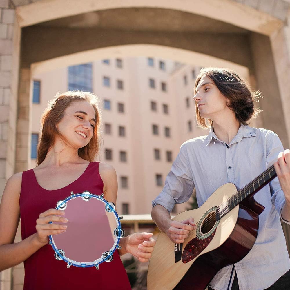 ENNBOM Tambourine Adjustable Tone Hand Drum Double Row Metal Jingles Hand Bell Performance Level Handheld Percussion (Blue)