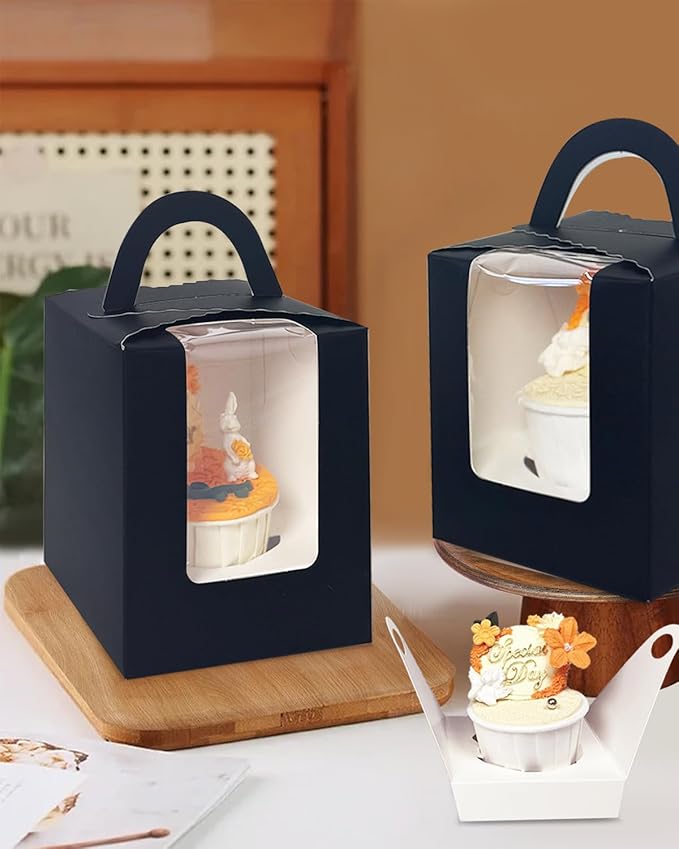 Bakepacker Auto-pop up Individual Cupcake Boxes with Window 25 Count Black Single Cupcakes Box 3.6 x 3.6 x 4.3inch Cupcake Carrier