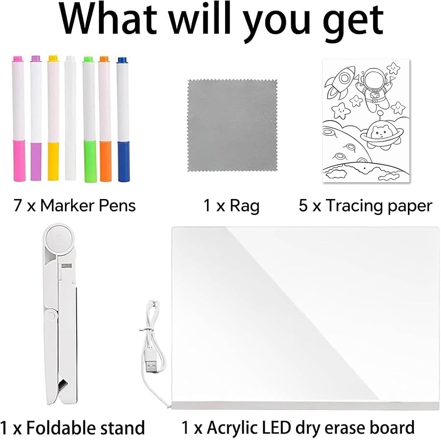 Led Drawing Board, Acrylic Dry Erase Board with Bracket, 11.8" X 7.9” Glow Writing Board, Led Note Board Comes with 7 Drawing Pens and 5 Cartoon Doodle Paper for Office School Home