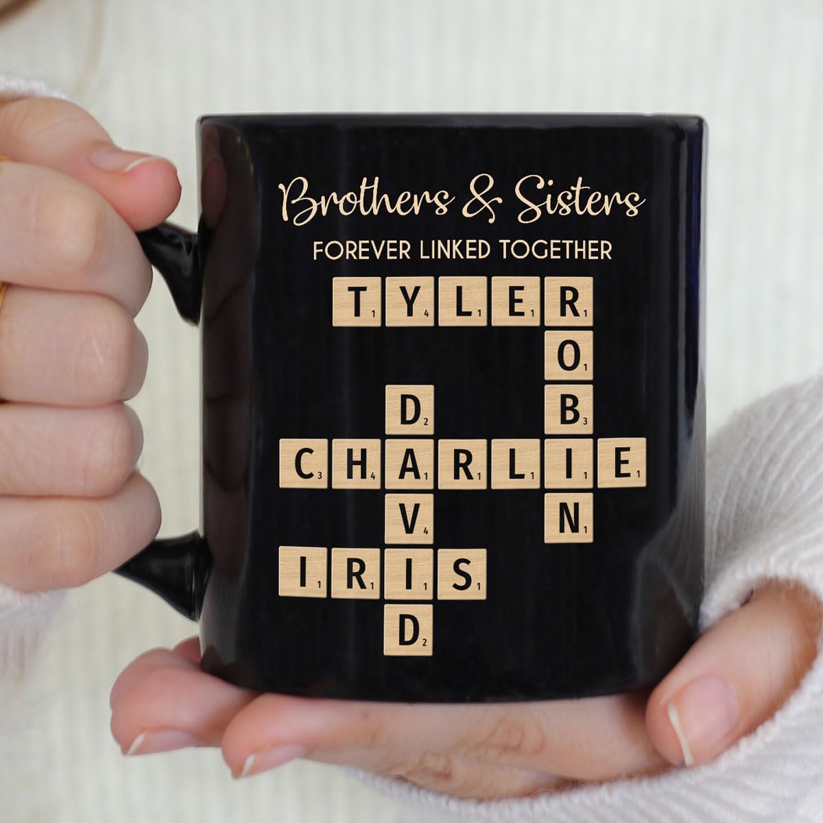 Family Puzzle Mug - Brothers & Sisters Forever Linked Together - Personalized For Family, Sister, Brother, Siblings - Scrabble Coffee Mug - Gifts For Christmas, Birthday, Anniversary