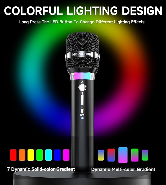 Wireless Microphone, Rechargeable Wireless Microphones with One-to-One Chip Connection and LED Lights, 40H Duration, 200FT Range Receiving, Less Latency Karaoke Microphone for Singing, Speech, Party