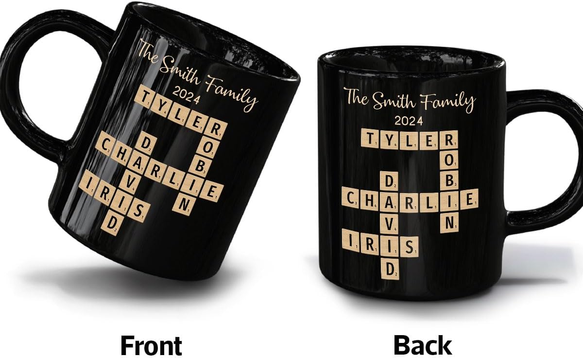 Family Forever Linked Together Custom Names Ceramic Mug, Crossword Puzzle Art, for Birthday, Anniversary or Special Occasions (Family Forever Linked Together Black Mug)