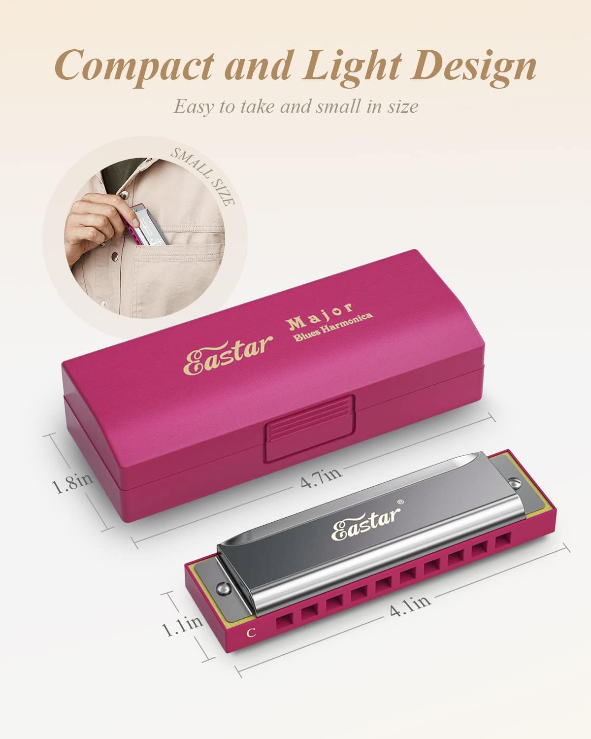 Eastar Major Blues Diatonic Harmonica, 10 Holes C Key Beginner for Kids Children Adults Students, with Hard Case and Cloth, Pink