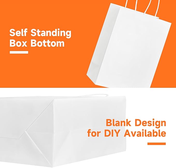 METAPRINT 50 Pack Small Gift Bags 5.8x3.2x8.25 Inch White Paper Bags with Handles Bulk, Kraft Paper Bags for Party favor, Retail, Grocery Sacks