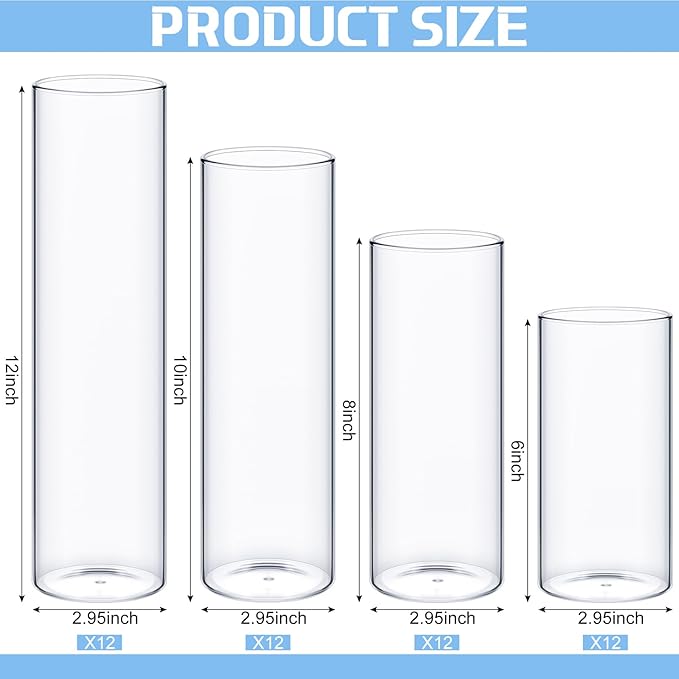 Sawysine 48 Pcs Glass Cylinder Vases 2.5''/2.95''/3.9'' Diameter Clear Flowers Vase Hurricane Floating Candles Holders for Table Centerpieces (2.95 x 6 in,2.95 x 8 in,2.95 x 10 in,2.95 x 12 in)