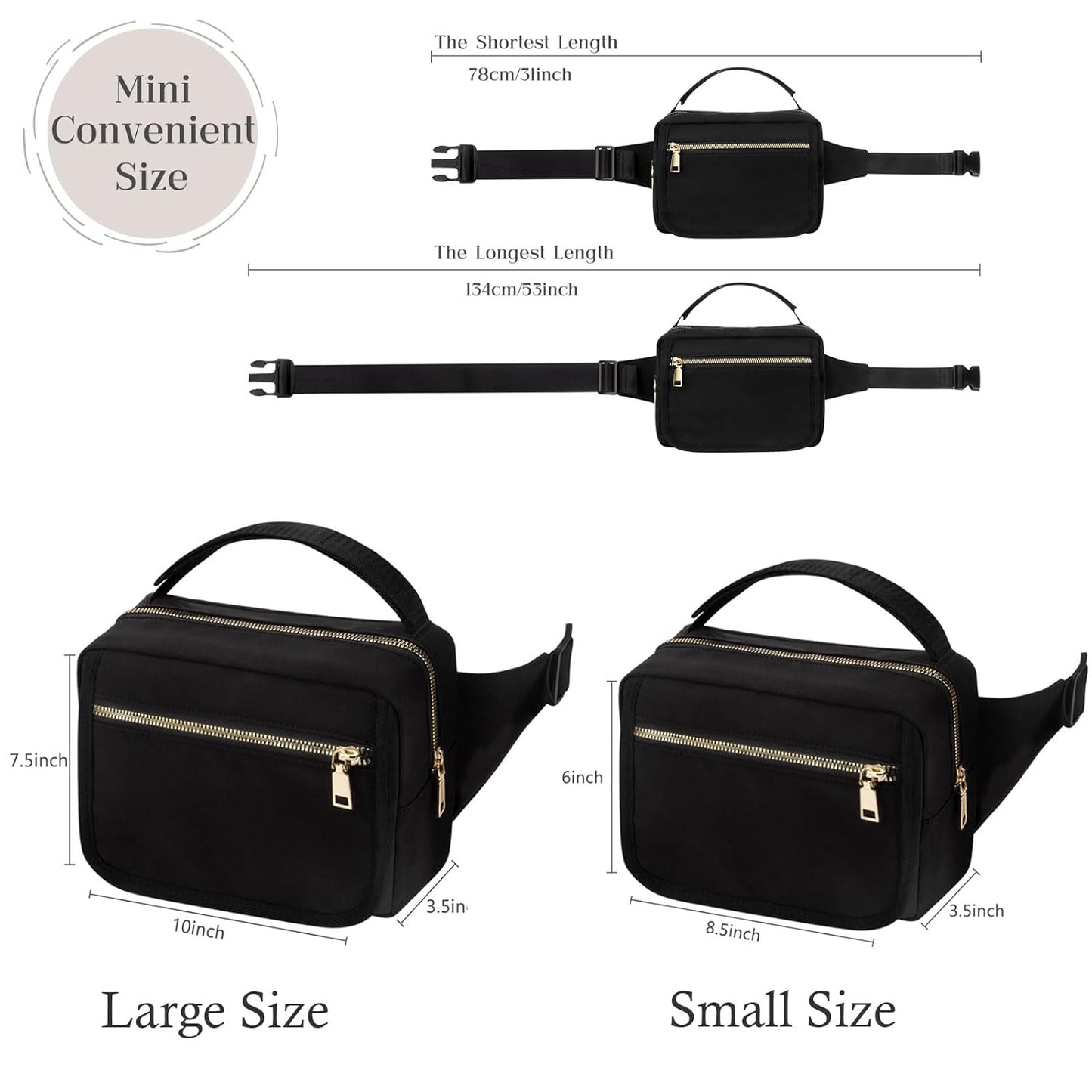 printe Small Diaper Bag with Portable Changing Pad, Crossbody Fanny Pack with Wipes Pocket for Stroller, Women Waist Bag for Travel, Black Large