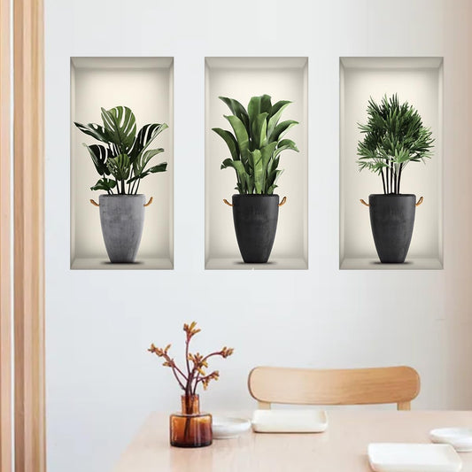 3D Green Pot Plants Wall Decals, Tropical Potted Wall Stickers, Creative Vinyl Peel and Stick Removable Wall Art Decor for Bedroom Living Room Kitchen(3D Green Plants 02)