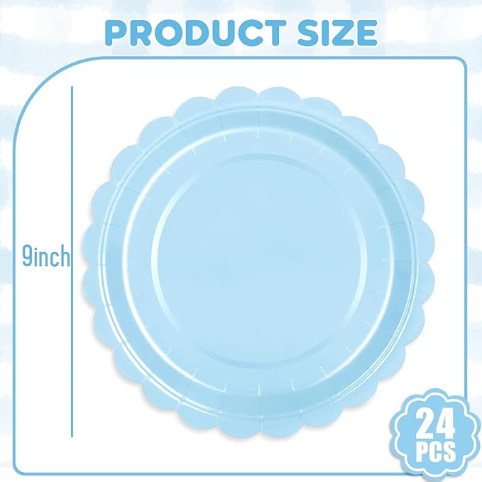 24 Pcs Light Blue Paper Plates 9 Inch Scalloped Dessert Plates - Disposable Light Blue Cake Plate - Baby Shower Birthday Party Wedding Bridal Party Supplies