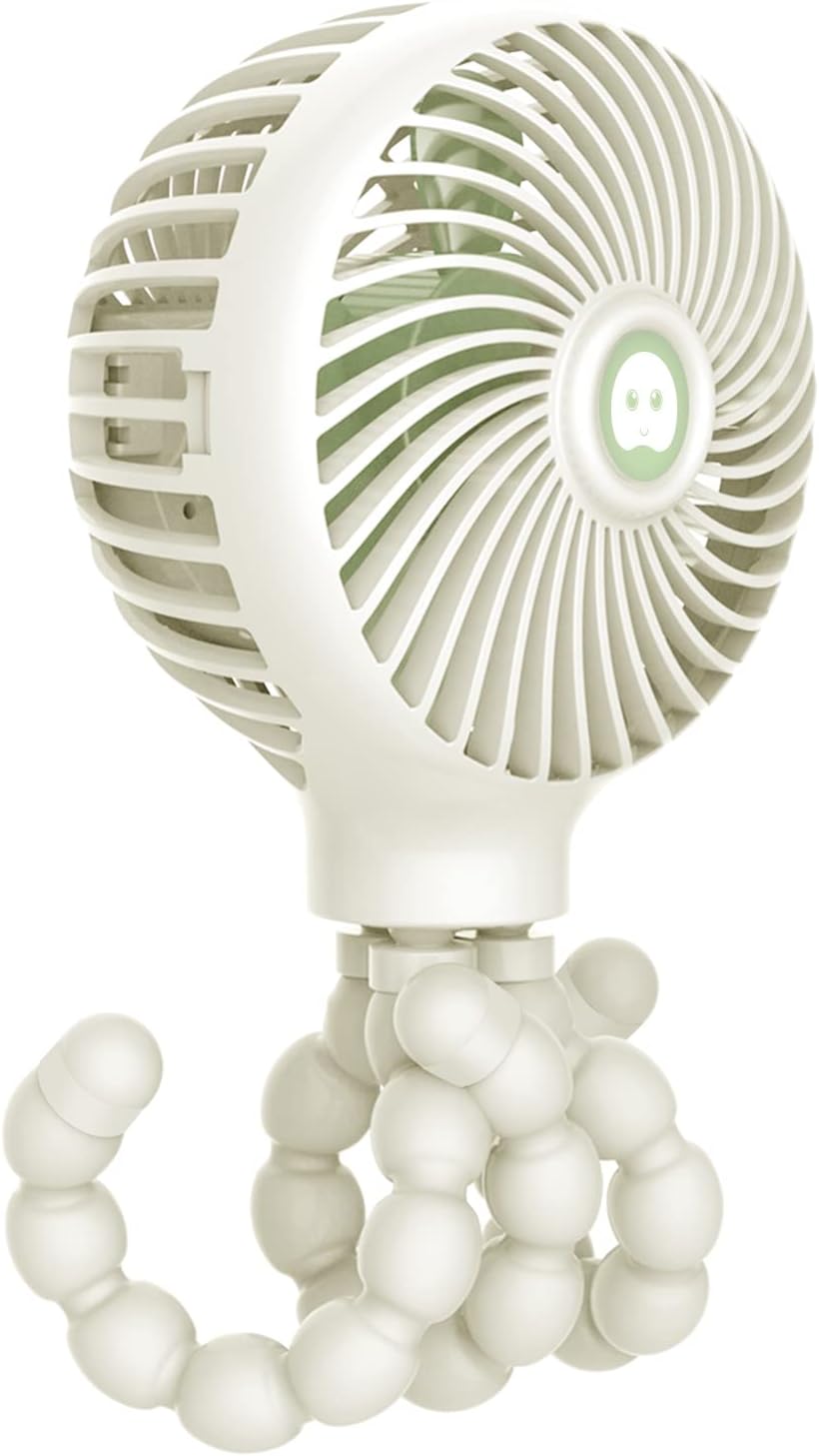 TRELC Mini Stroller Fan, 19H Ultra-long Battery Life, Personal Handheld Clip on Portable Rechargeable Fan with Flexible Tripod, Gift for Children Baby Office Room Car Travel BBQ Gym (White)