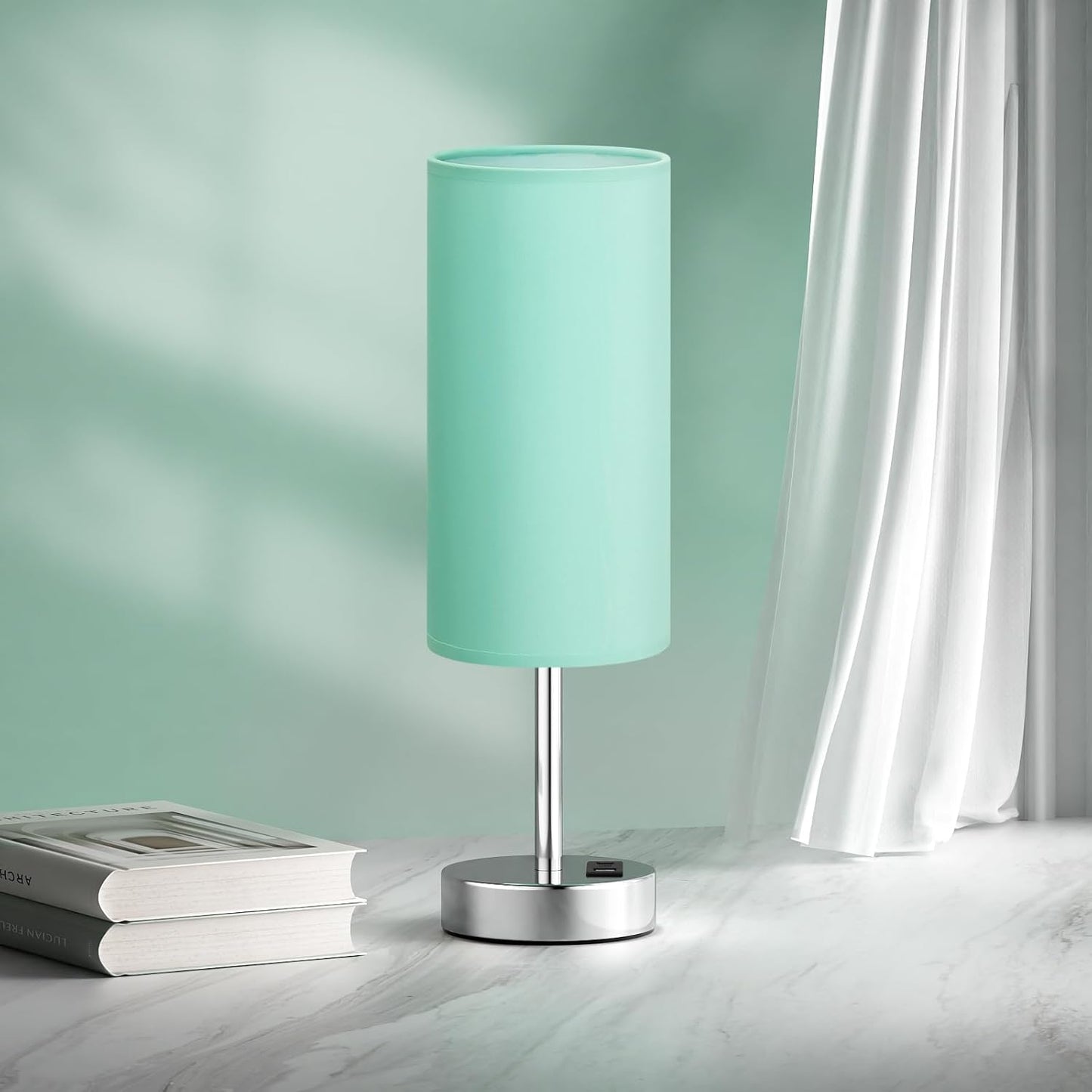 Teal Touch Bedside Lamps for Bedroom - Small Coastal Nightstand Lamp with USB-C and USB A Charging Ports, 3 Way Dimmable Control Table Lamp for Office, Dorm with Fabric Shade Silver Base