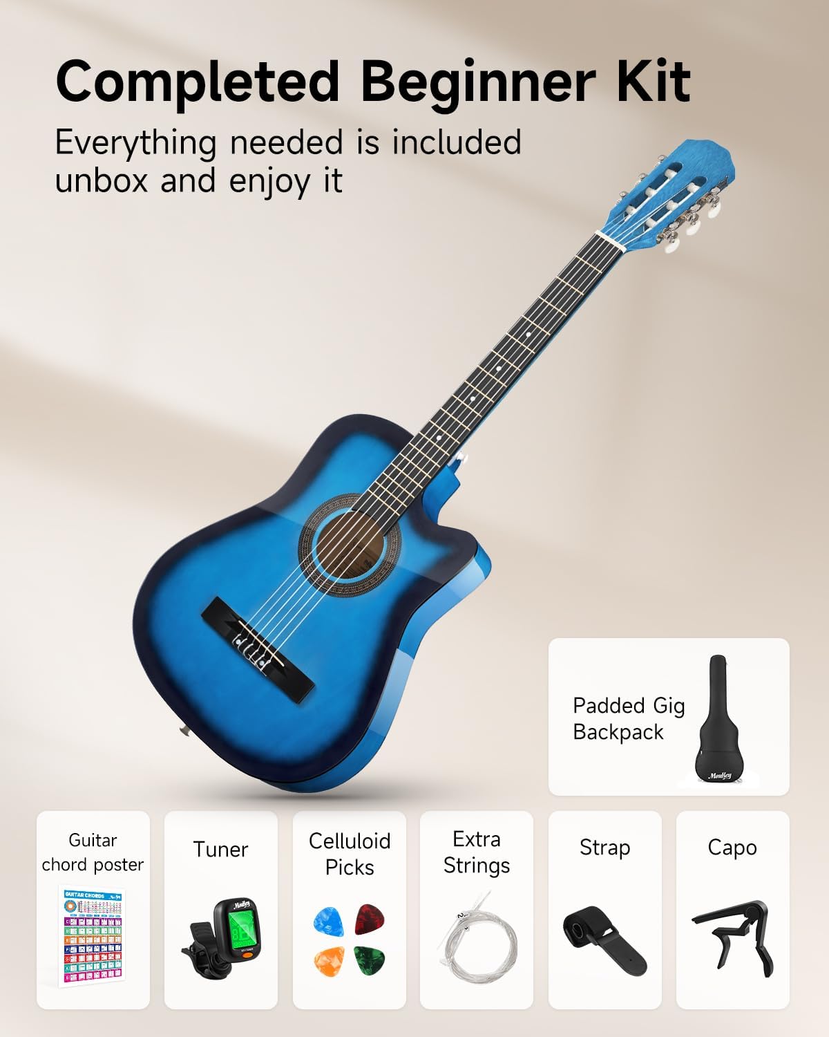 Moukey 38" Acoustic Guitar for Beginners Kids Youth Adult Cutaway Guitarra Acustica Kit with Chord Poster, Gig Bag, Tuner, Picks, Nylon Strings, Capo, Strap - Blue