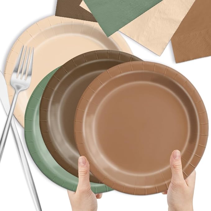 CMUSKO Woodland Baby Shower Decorations - 150pcs Brown Sage Green Forest Animal Theme Plates & Napkins Kit Serves 50- Safari Party Supplies for Birthday, Baby Shower Neutral