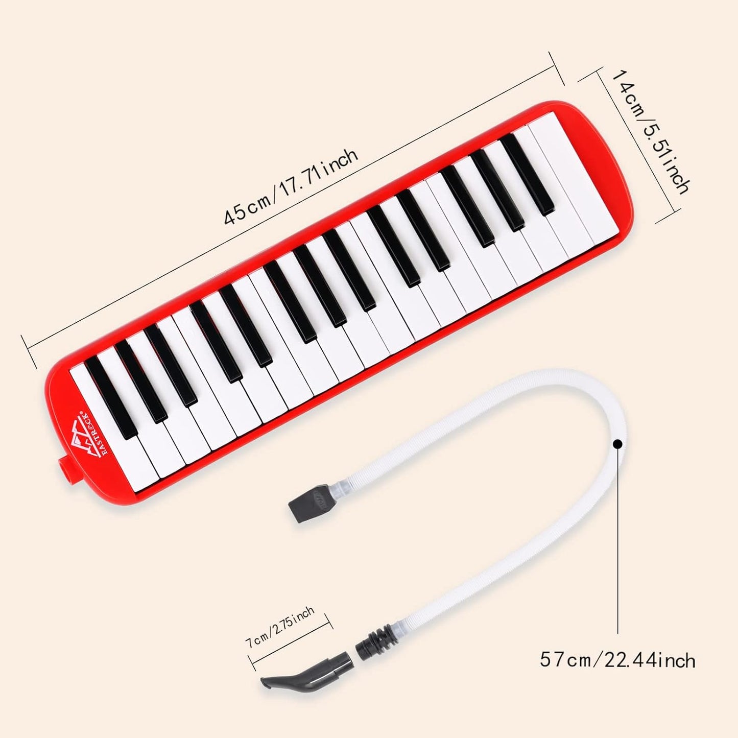 EastRock 32 Key Melodica Instrument Keyboard Soprano Piano Style with Mouthpiece Tube Sets and Carrying Bag for Beginners Adults Gift Red