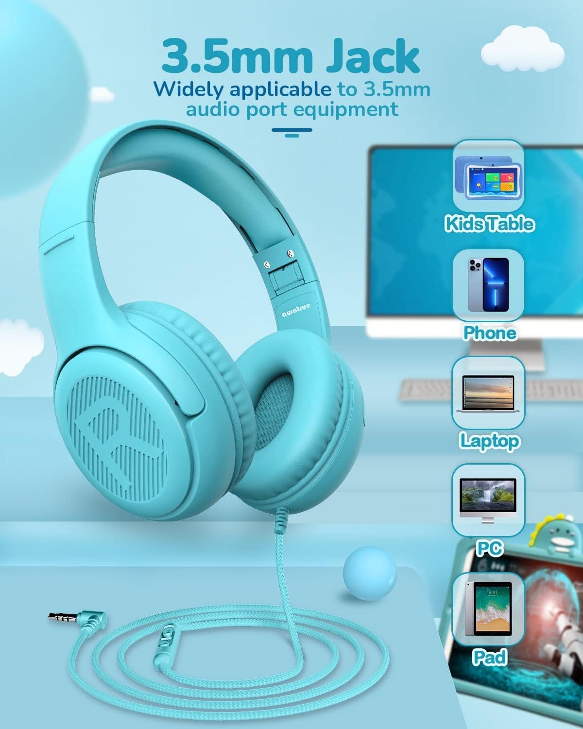 Toddler Kids Headphones Wired - Headphones for Kids Volume Limit 85/94dB Headset 3.5mm Jack Adjustable Foldable Headsets for Girls Boys Children Teens Pad Smartphones School