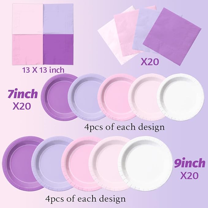 CMUSKO Pink and Purple Decorations-60Pcs Purple Pink Plates and Napkins Lavender Light Pink Tableware Birthday,Birthday,Wedding