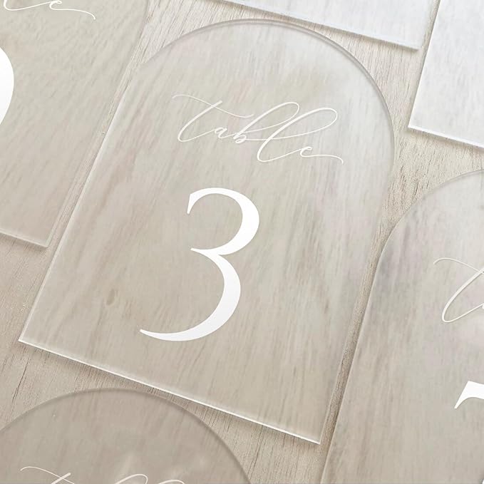 JINMURY Frosted Arch Table Numbers for Wedding, 5x7 Inch Arched Acrylic Table Numbers 1-15 with Stands, Frosted Acrylic Arch Sign with Holder for Centerpiece, Reception, Wedding, Party, Event