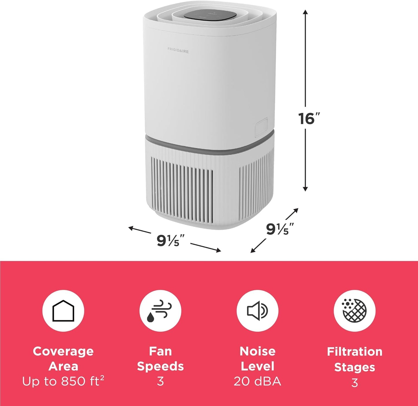 Frigidaire PureA300 HEPA Air Purifier for Small Bedrooms, Covers up to 850 Sq. Ft., 3-Stage Filtration, Energy Star Certification, Air Quality Monitoring, Smart Mode, Ultra Quiet, White