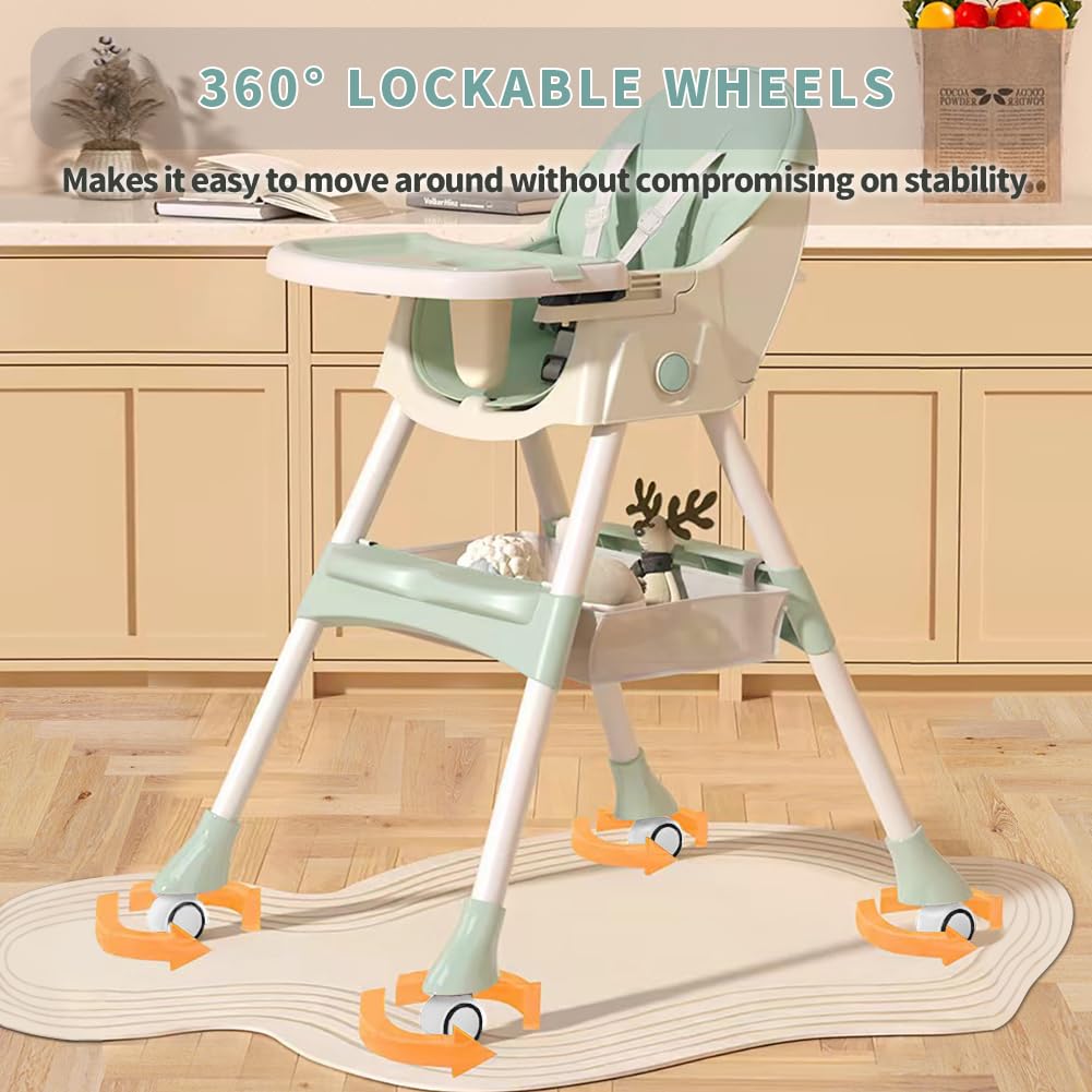 High Chairs for Babies and Toddlers, 4 in 1 Convertible Baby High Chair, Portable High Chair for Travel with Adjustable Height and Back, Foldable HighChair with Wheels& Pu Cushion (Green)