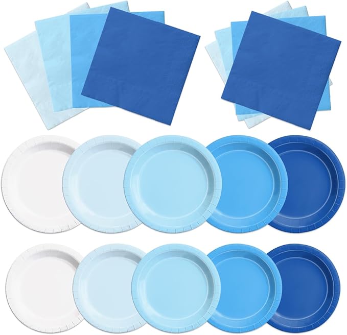 CMUSKO 60Pcs Blue Plates and Napkins-Light Blue Party Supplies Gradient Blue Disposable Tableware for Birthday,Baby Shower,Wedding