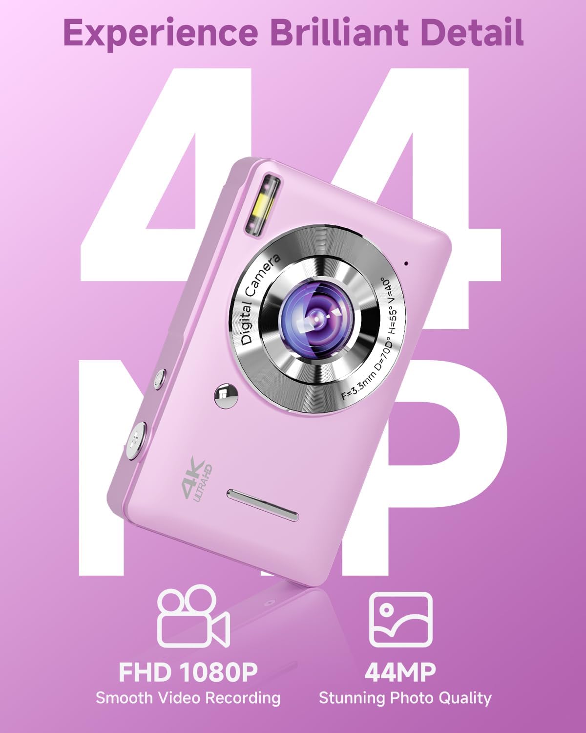 Digital Camera, 44MP FHD 1080P, 16X Zoom, 32GB SD Card, Compact Camera for Kids Teens Adults, Purple