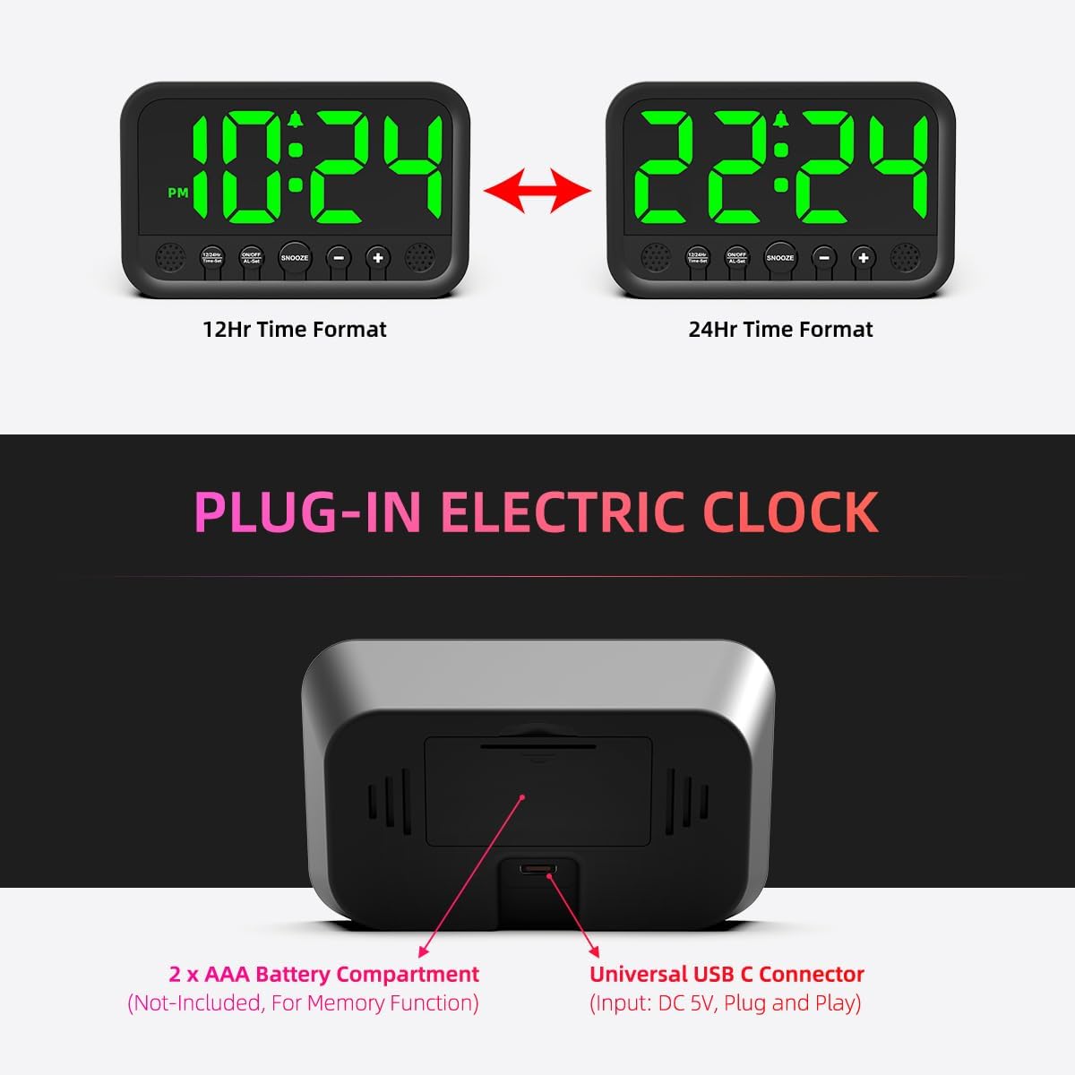 Small LED Digital Clock for Bedroom, Loud Alarm Clock for Heavy Sleepers Adults, Teens | Plug-In Electric Desk Clock | Simple Bedside Nightstand Clock with Adjustable Volume/Brightness/Snooze – Green