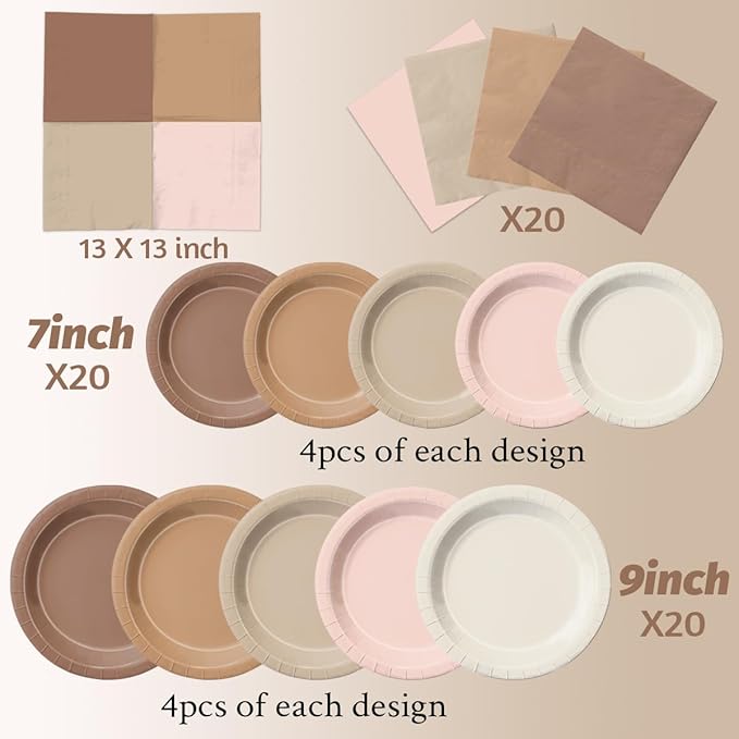 CMUSKO Boho Baby Shower Decorations - 60Pcs Neutral Gradient Brown Plates and Napkins Kit Espresso Martini Theme Party Supplies for Bridal Shower,Wedding,Birthday
