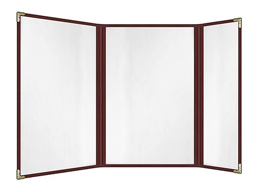 Goodsmart Restaurant Menu Covers – 25 Pack Burgundy 6 Views Trifold, Side-Loading Menu Holders, Vinyl & Plastic Menu Covers, Clear Menu Sleeves, 8.5" x 14" & 4.25" x 14", Café Style with Gold Corners