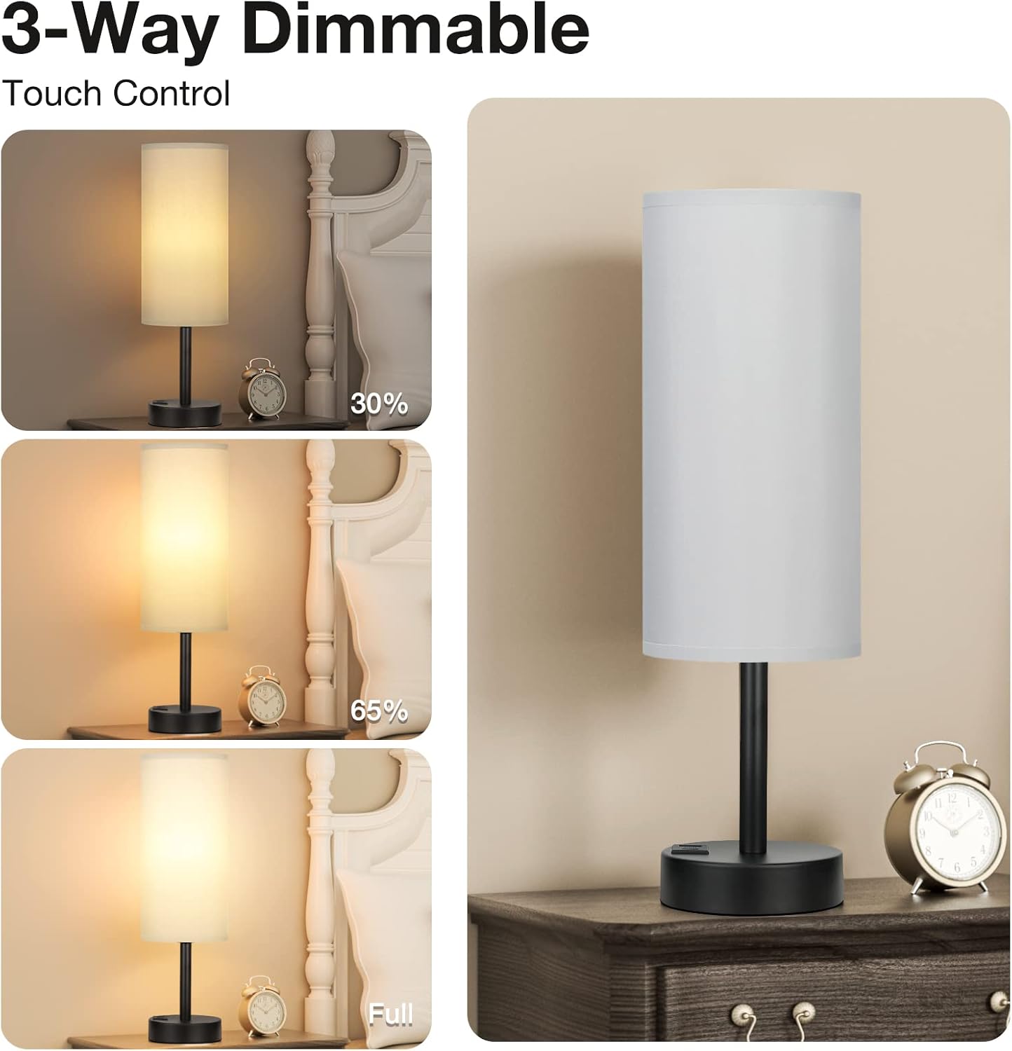 Grey Touch Nightstand Lamps for Girl - Small Bedside Lamp with USB-C and USB Charging Ports, 3 Way Dimmable Control Table Lamp for Living Room Office, Dorm, Reading with Fabric Shade Black Base