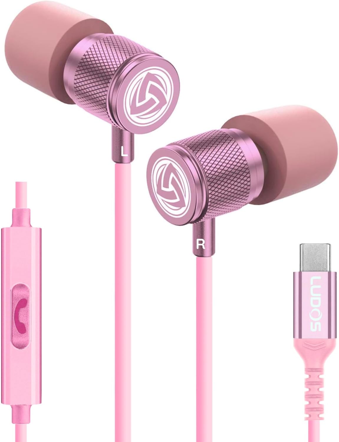 LUDOS Ultra USB C Headphones for iPhone 16 15 Pro Max Plus iPad Pro, 5 Years Warranty, Magnetic USB-C Earbuds for Samsung Galaxy S24 S23 Ultra S22 S21 FE S20 A55 A54 A53, USB Type C Earphones - Pink