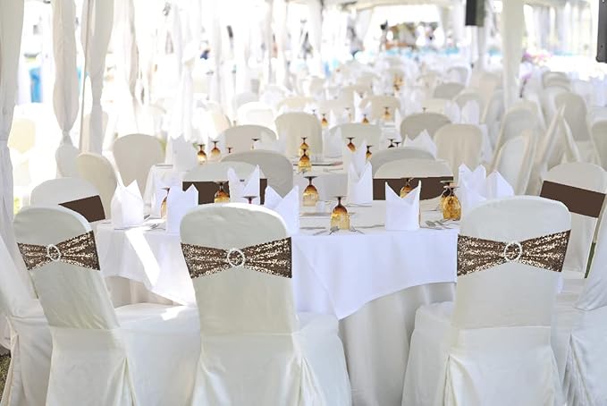 100 Pcs Chair Sashes Sequin Stretch Chair Bands Spandex Polyester Bows for Party Hotel Wedding Banquets Decoration - Coffee
