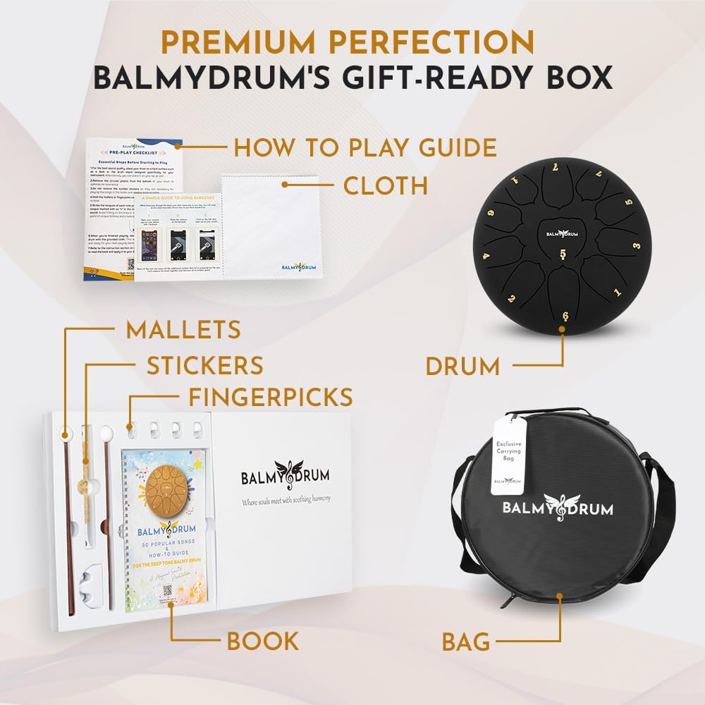 The Balmy Drum - 11 Note 10 Inch Steel Tongue Drum, Steel Drum Instrument, Drums For Children and Adults, Balmy Drum Set for Kids with Music Book, Handpan, Mallet and Carry Bag (Black)