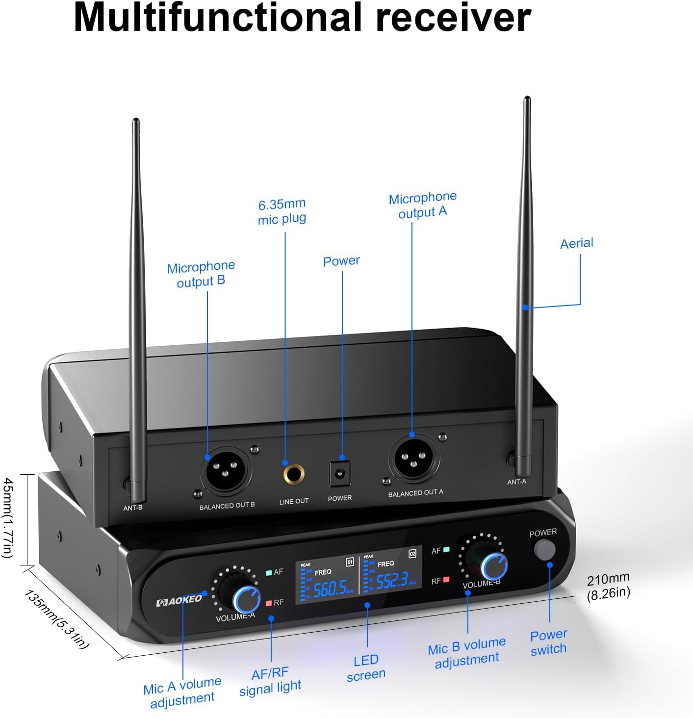 Aokeo Wireless Microphone System, Metal Wireless Mic Set with Case,Handheld Cordless Dynamic Microphones for Singing, Karaoke, Church, DJ,100ft Range
