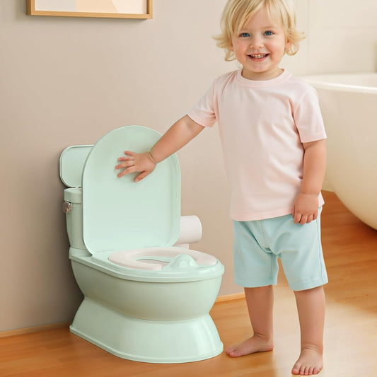 2-in-1 Toddler Potty Training Toilet - Larger Potty Chair & Detachable Training Seat for Boys & Girls Ages 1-3 with Flushing Sound, Wipes Storage, Toilet Paper Holder
