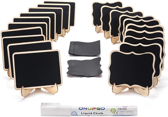 ONUPGO 20 Pack Mini Chalkboards Signs with 1 Liquid Chalk Marker, Small Wooden Chalkboard Labels with Support Easels, Place Cards Food Signs Blackboards for Table Numbers, Weddings, Party Decoration