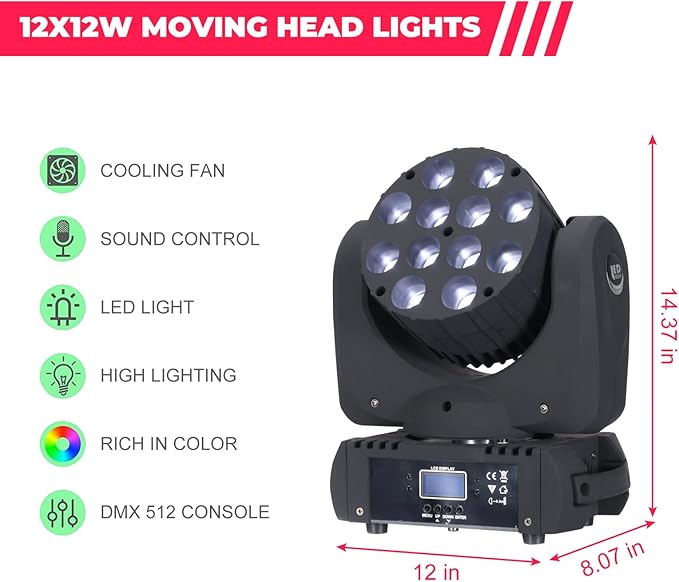 Moving Head Light Beam Wash 12x12W LED Stage Lighting RGBW 4in1 Professional DMX 512 Strobe Effect Sound Activated DJ Lights for DJ Night Clubs Disco KTV Bar Show (1 Pack)
