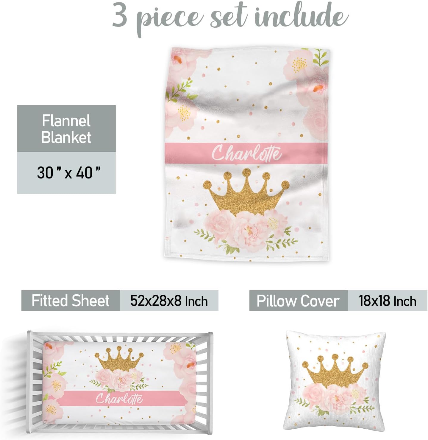 Personalized Baby Girl Crib Bedding Set – Custom Name 3-Piece Nursery Bedding with Crown with Flower, Flannel Blanket, Fitted Sheet & Pillowcase – Shower Gift for Baby Infant & Toddler